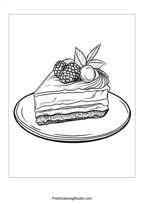 A slice of cake topped with berries and cream.