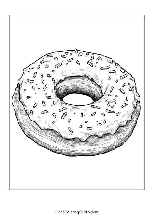 A donut covered in icing and sprinkled with toppings.