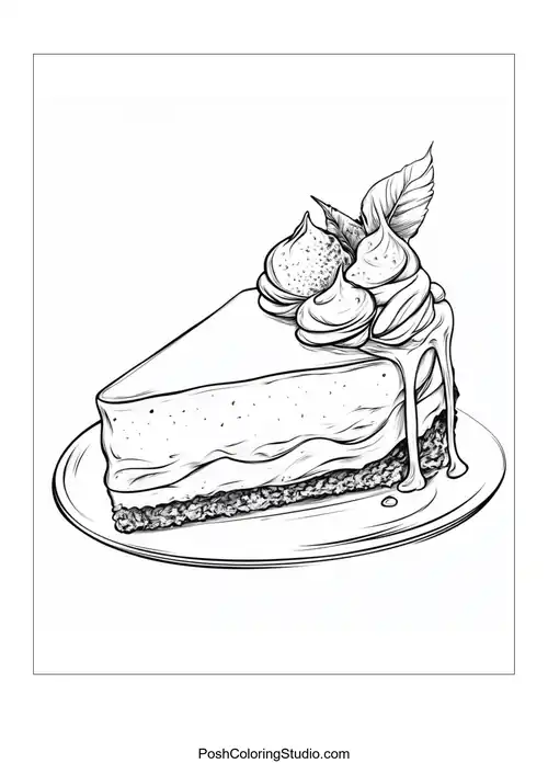 A slice of cake topped with a pear and leaves.