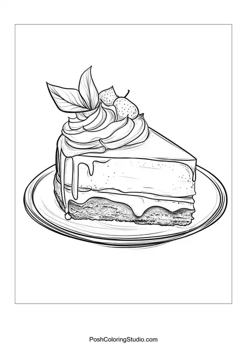 A slice of cake topped with a pear and leaves.