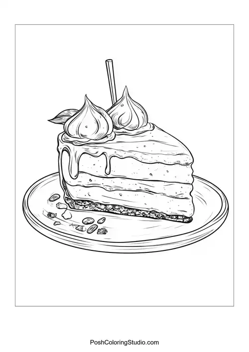 A slice of cake topped with a pear and leaves.