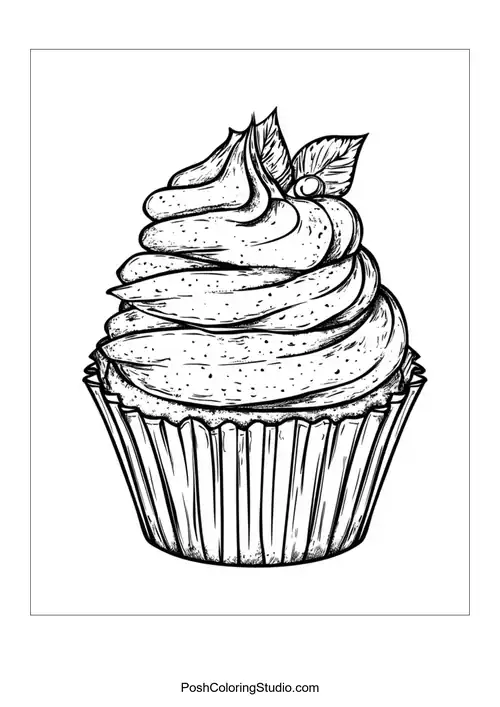 A cupcake with a smooth swirl of frosting and leaves.