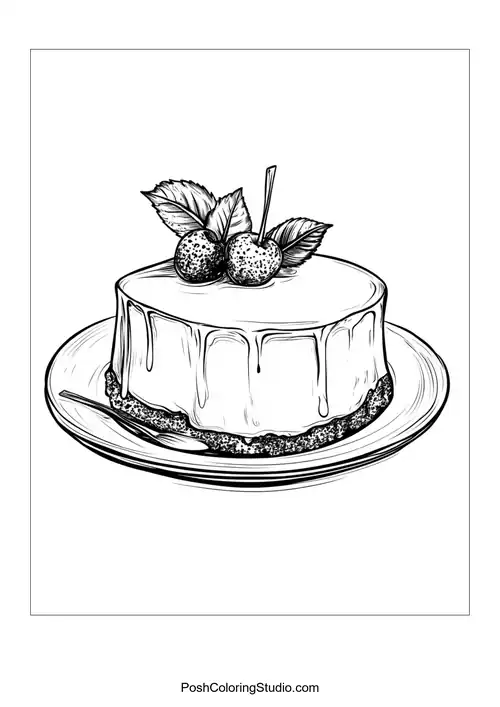 A slice of cake topped with a pear and leaves.