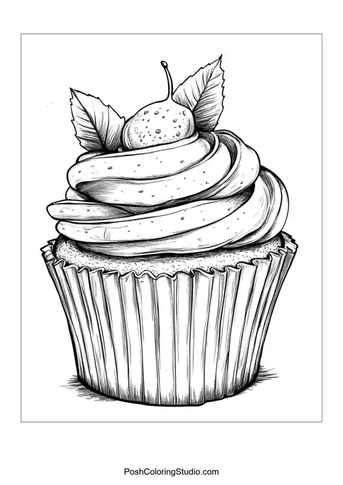 A cupcake topped with a cherry and two leaves.