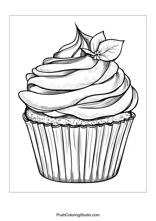 A cupcake with a tall swirl of frosting and a leaf.