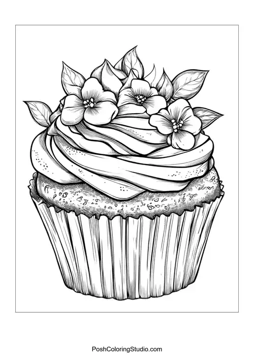 A cupcake decorated with flowers and swirled frosting.