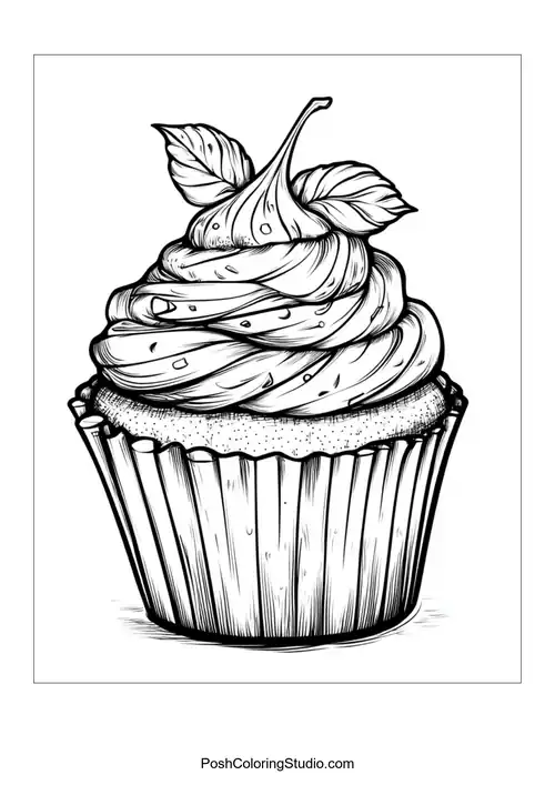 A cupcake topped with a leaf and swirled frosting.