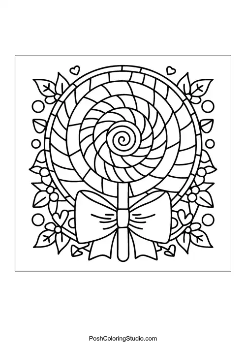 A lollipop with a spiral design and decorative flowers.