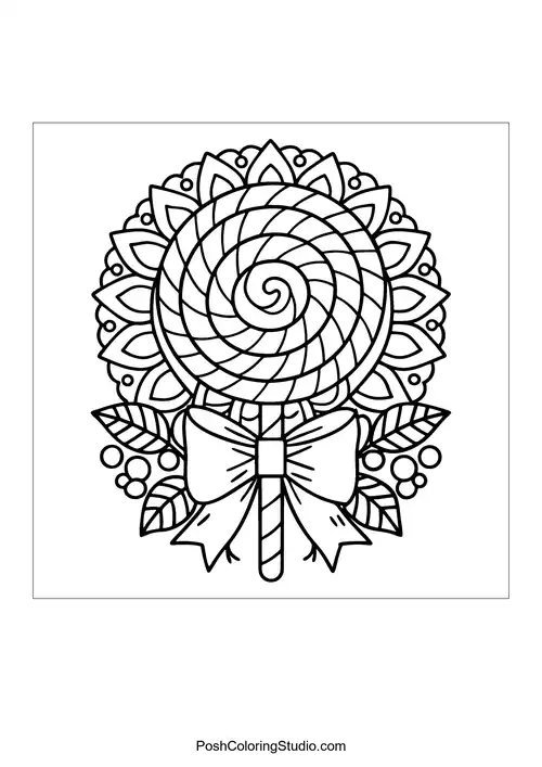 A lollipop with a spiral design and floral elements.