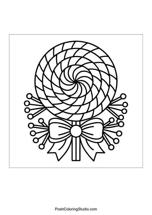 A lollipop with a spiral design and decorative accents.