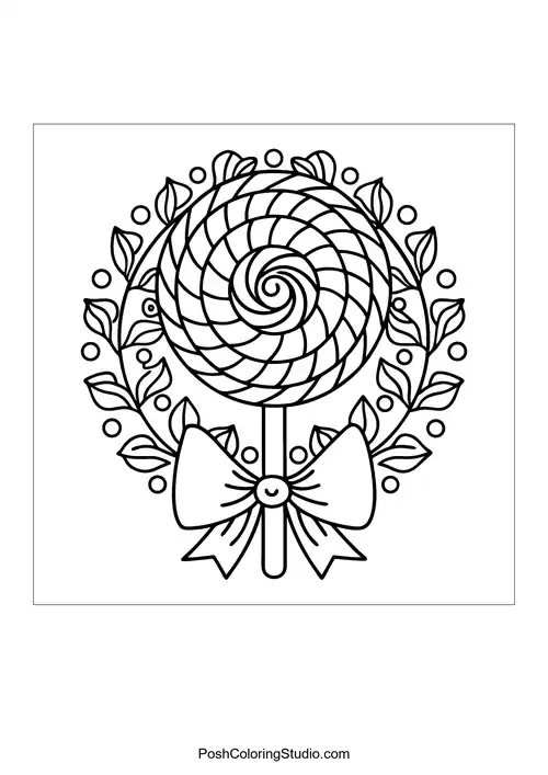 A lollipop with a spiral design and a wreath of leaves.