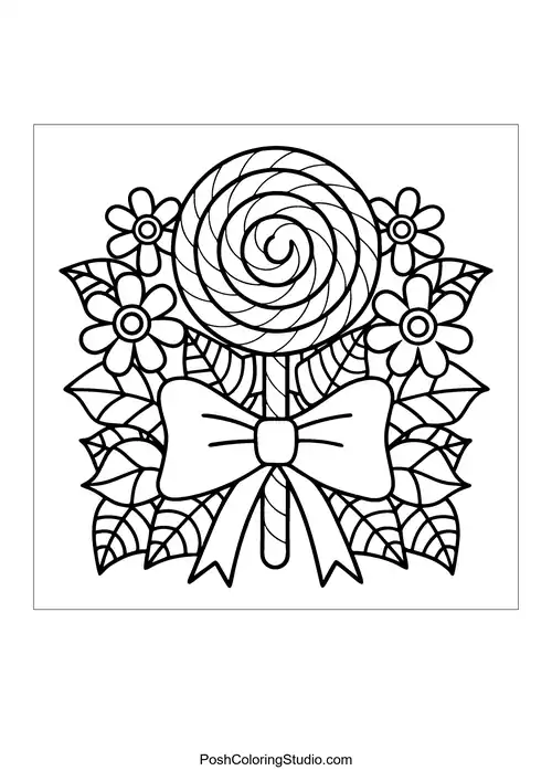 A lollipop surrounded by flowers and a decorative bow.