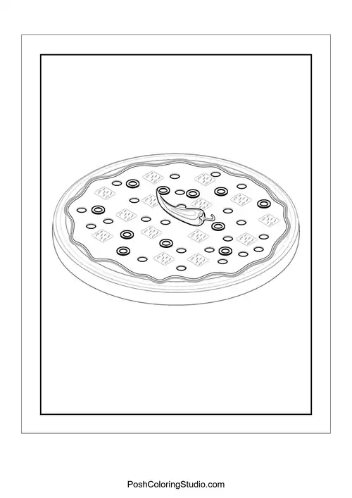 A pizza with a variety of toppings and a happy expression.