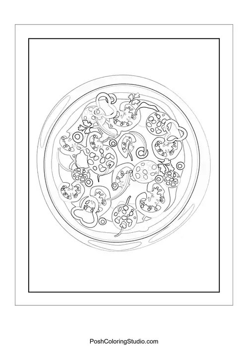 A pizza with a variety of toppings and a happy expression.