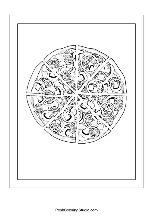 A pizza slice with a playful expression and various toppings.