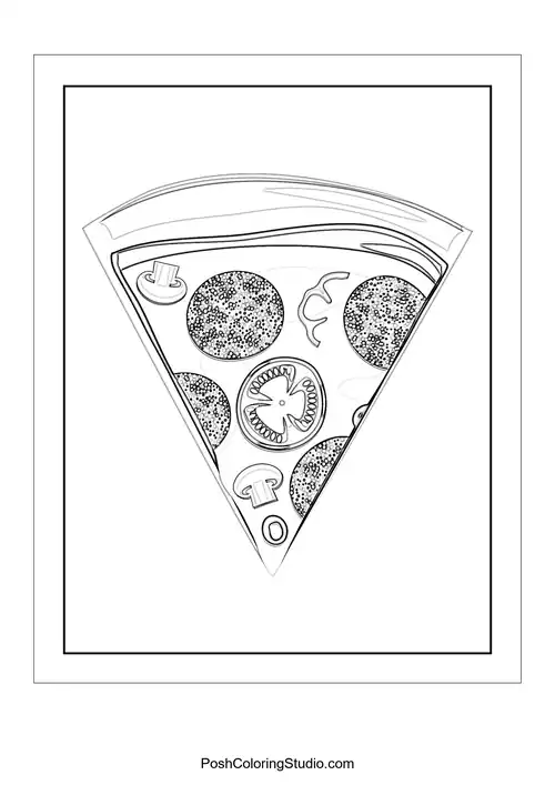 A pizza slice with a playful expression and various toppings.