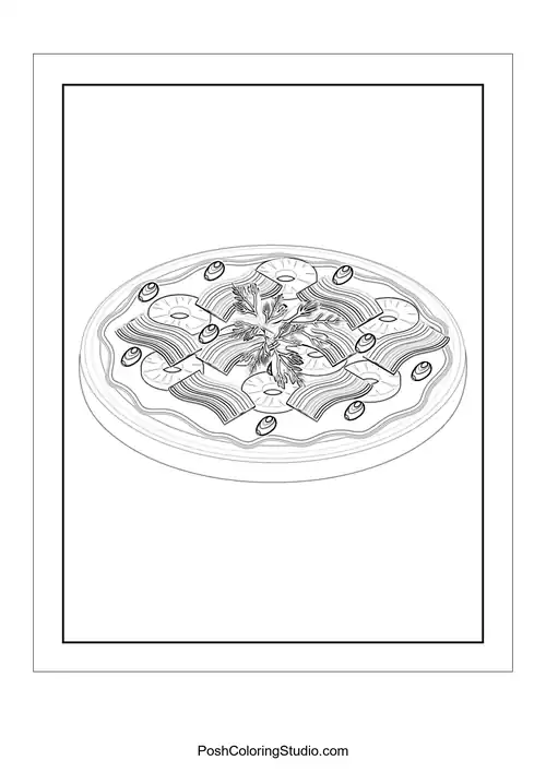 A pizza slice with a playful expression and various toppings.