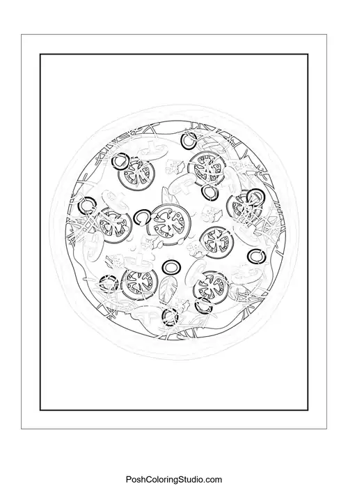 A pizza with a variety of toppings and a happy expression.