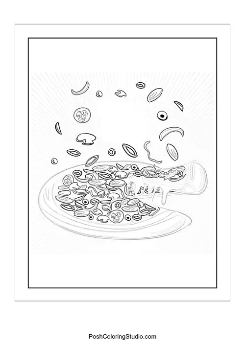 A pizza slice with a playful expression and cheese dripping.