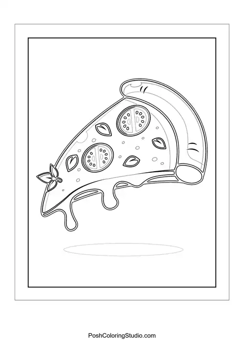 A pizza slice with a big smile and cheese dripping.
