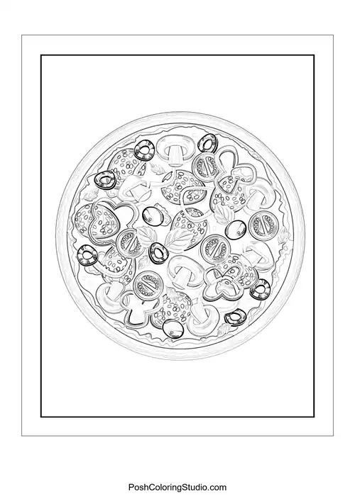 A pizza slice with a playful expression and various toppings.
