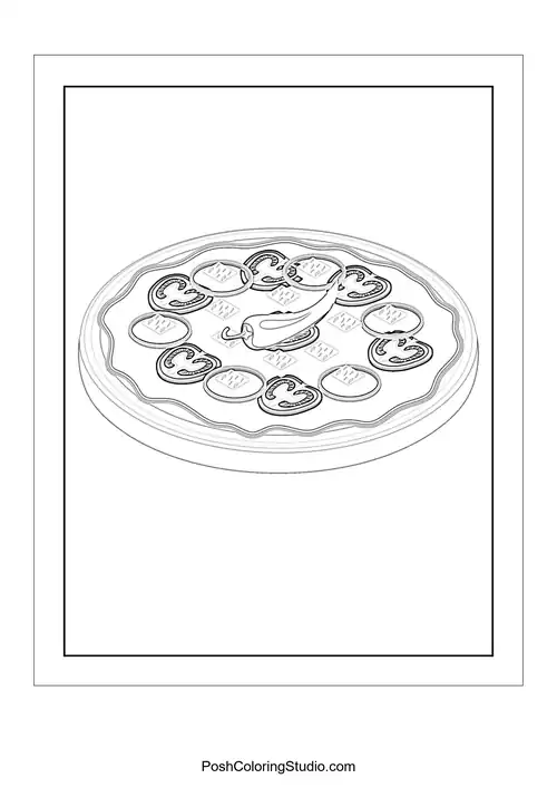 A pizza with a variety of toppings and a happy expression.