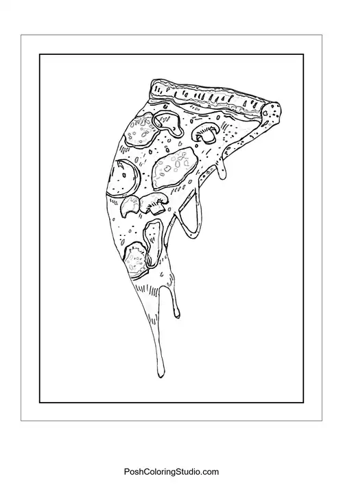 A pizza slice with a playful expression and various toppings.