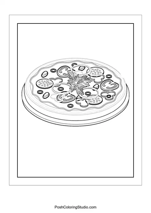 A pizza with a variety of toppings and a happy expression.