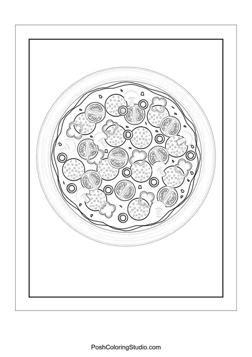A pizza slice with a playful expression and various toppings.