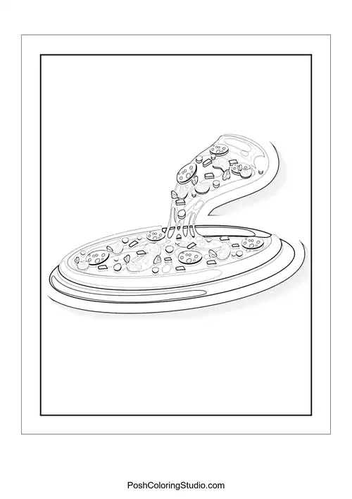 A pizza slice with a playful expression and various toppings.
