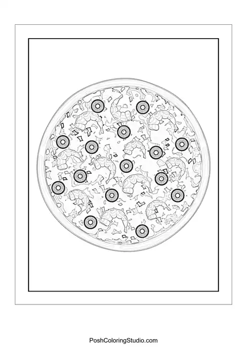A pizza with a variety of toppings and a happy expression.