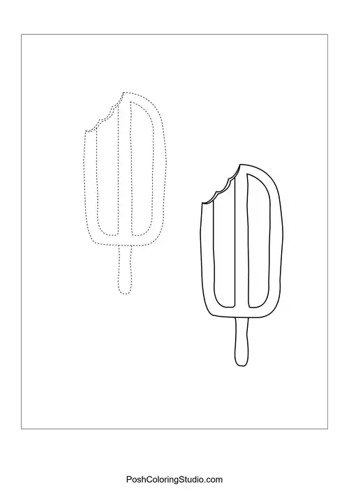 Two popsicles with fruit designs and dotted outlines.