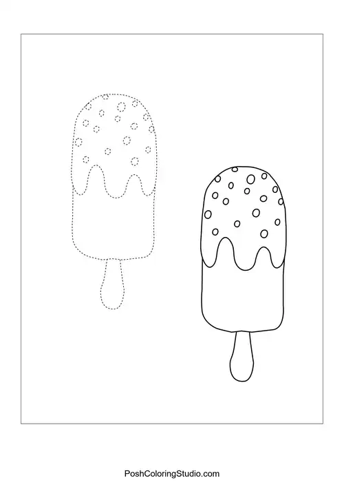Two popsicles with lemon slices and dotted outlines.
