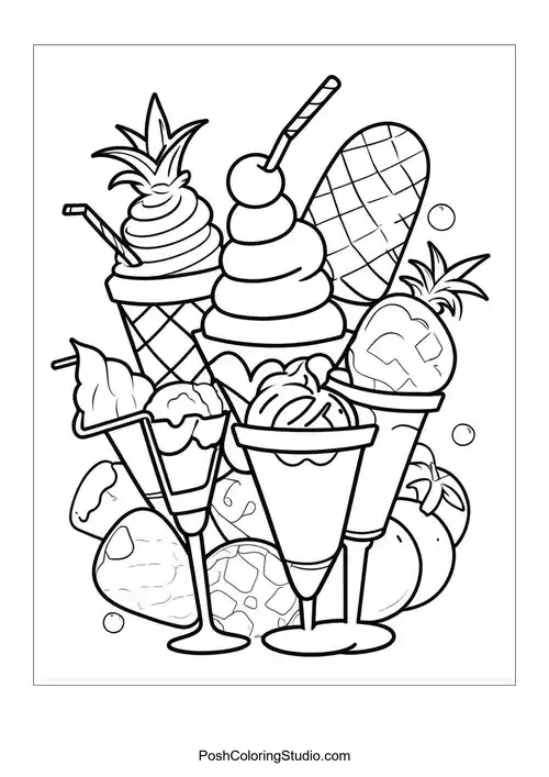 An ice cream sundae with multiple scoops and playful elements.