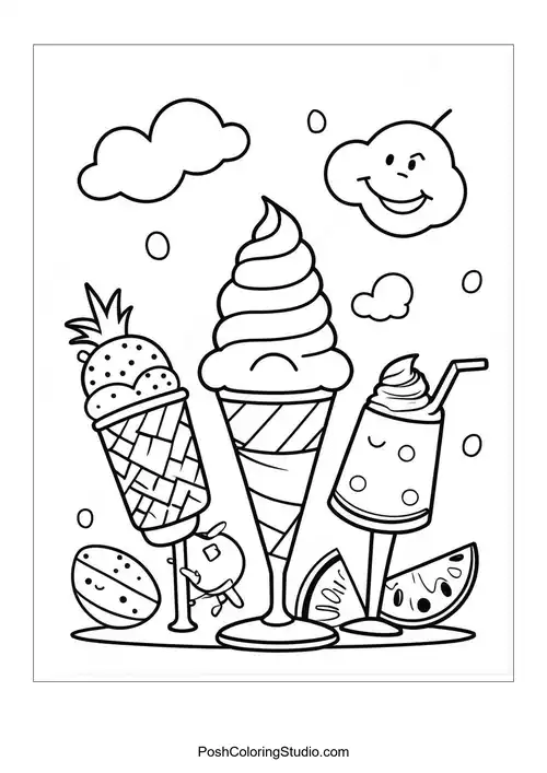 Various ice cream cones and cups with whimsical elements.
