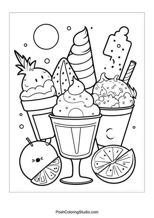 A collection of ice cream treats with fruits and toppings.