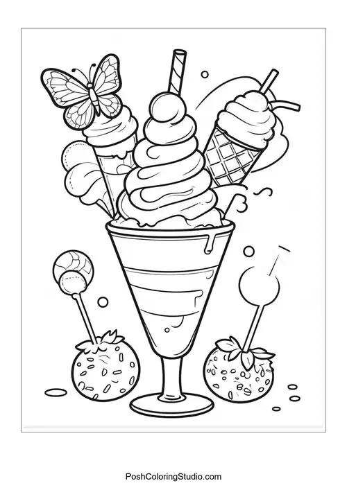 An ice cream sundae with a butterfly and playful elements.