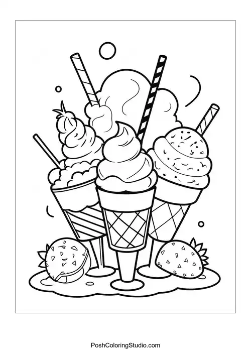 Three ice cream cones with various toppings and details.