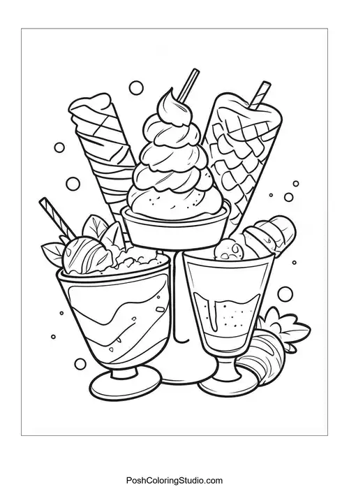 A variety of ice cream treats with playful designs.