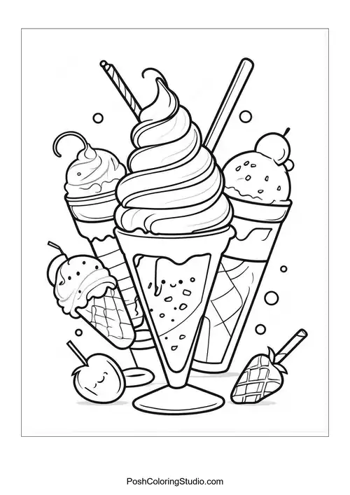 A collection of ice cream treats with fruits and cones.