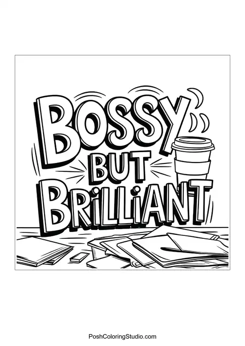 Text 'BOSSY BUT BRILLIANT' with a coffee cup illustration.