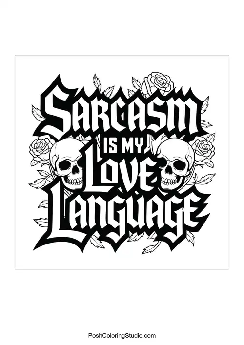 Text 'SARCASM IS MY LOVE LANGUAGE' with skulls and roses.
