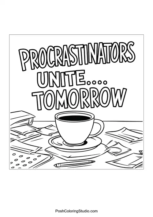 Text 'PROCRASTINATORS UNITE... TOMORROW' with papers.