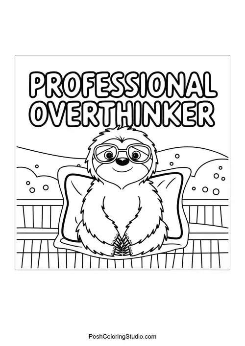 A sloth with glasses saying 'PROFESSIONAL OVERTHINKER'.