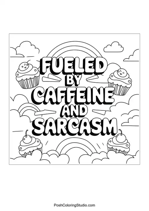 Text 'FUELED BY CAFFEINE AND SARCASM' with cupcakes.