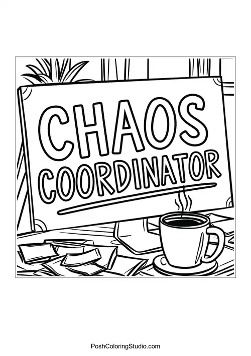 Text 'CHAOS COORDINATOR' with a coffee cup and papers.