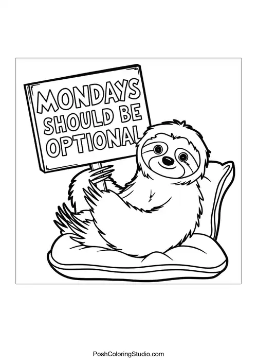 A sloth with a sign saying 'MONDAYS SHOULD BE OPTIONAL'.