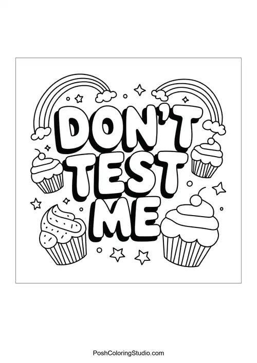 Text 'DON'T TEST ME' surrounded by cupcakes and rainbows.