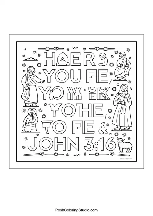 Figures and symbols around a Bible verse.