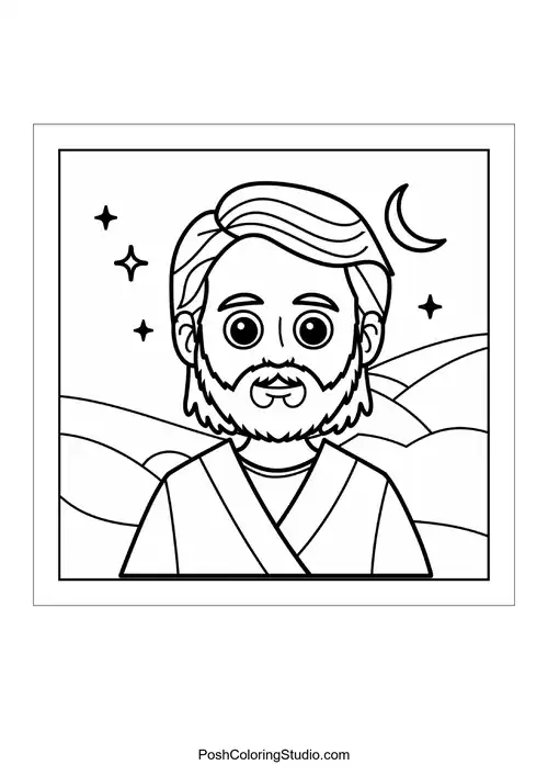 A cartoon figure of Jesus with a serene expression.